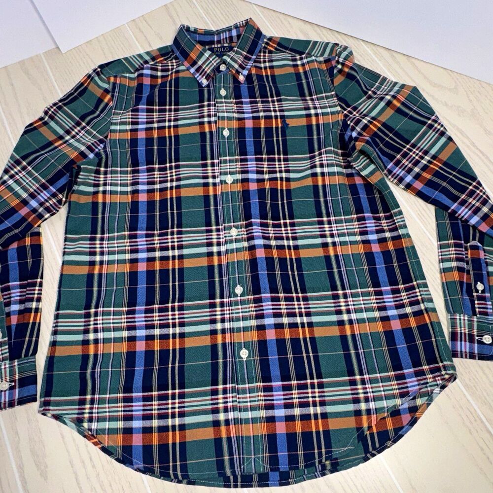 Polo Ralph Lauren Men's XL Plaid Long Sleeve Button-Up Shirt Green Navy Orange